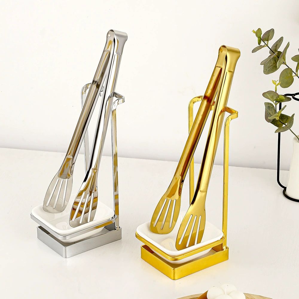 Luxury Buffet Serving Set Stainless Steel Standing Soup Ladle Food Clip With Ceramic Bowl Table Spoon Rack with tongs
