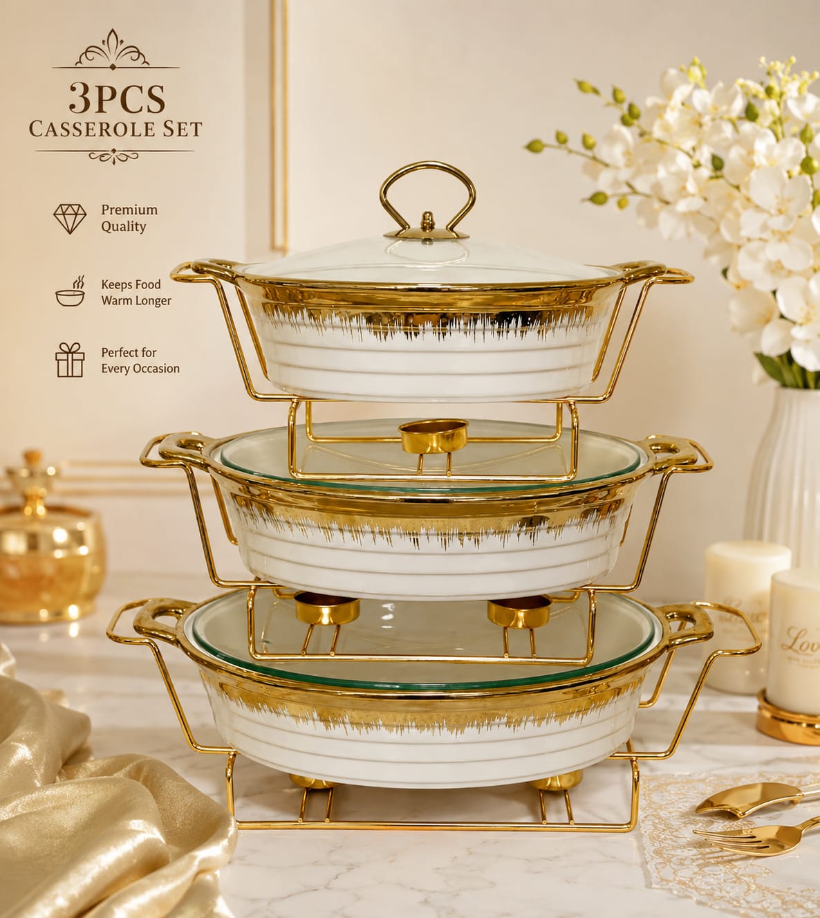3PCS Luxury Ceramic Chafing Dishes Serving Set/ Food warmer