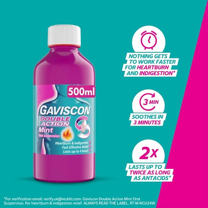 Gaviscon Double Action Mint Liquid 500ml - Heartburn & Acid Reflux Relief 500ml