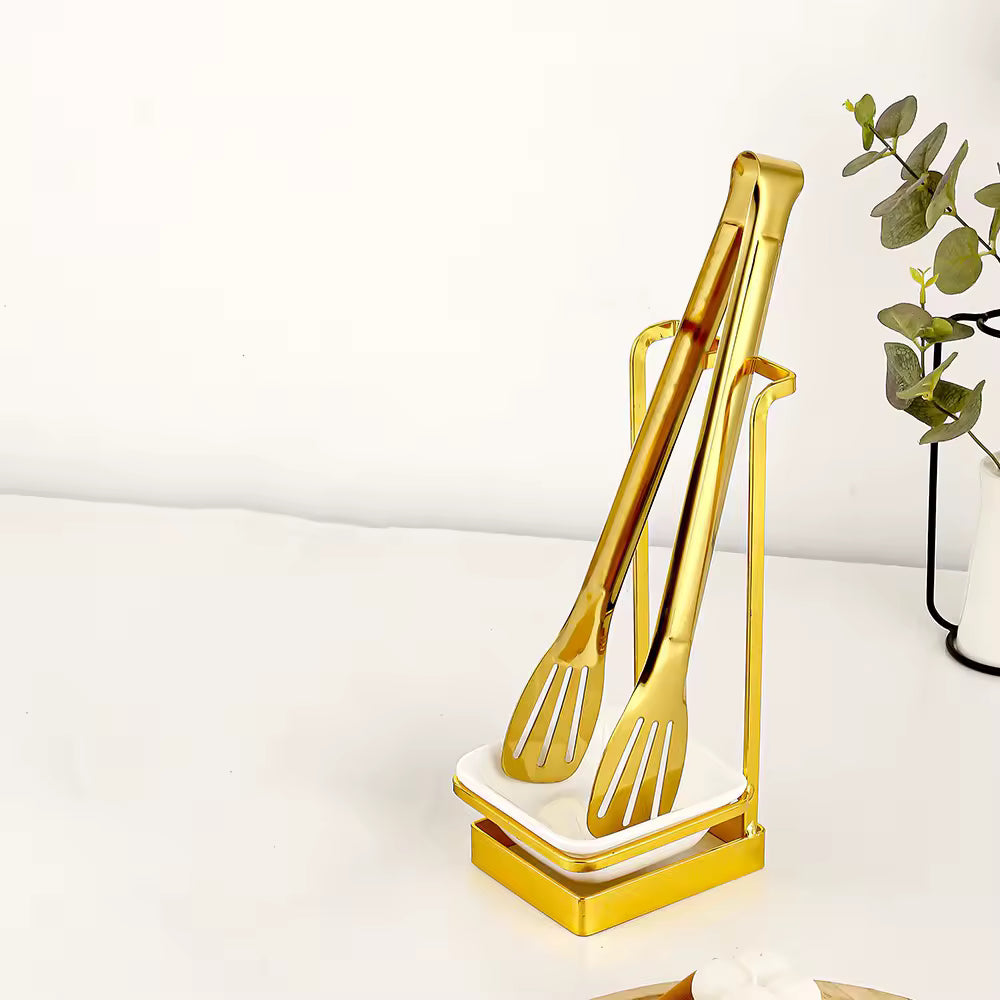 Luxury Buffet Serving Set Stainless Steel Standing Soup Ladle Food Clip With Ceramic Bowl Table Spoon Rack with tongs