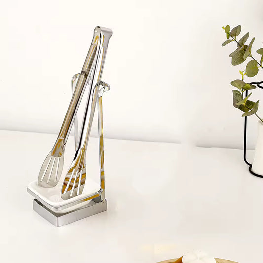 Luxury Buffet Serving Set Stainless Steel Standing Soup Ladle Food Clip With Ceramic Bowl Table Spoon Rack with tongs