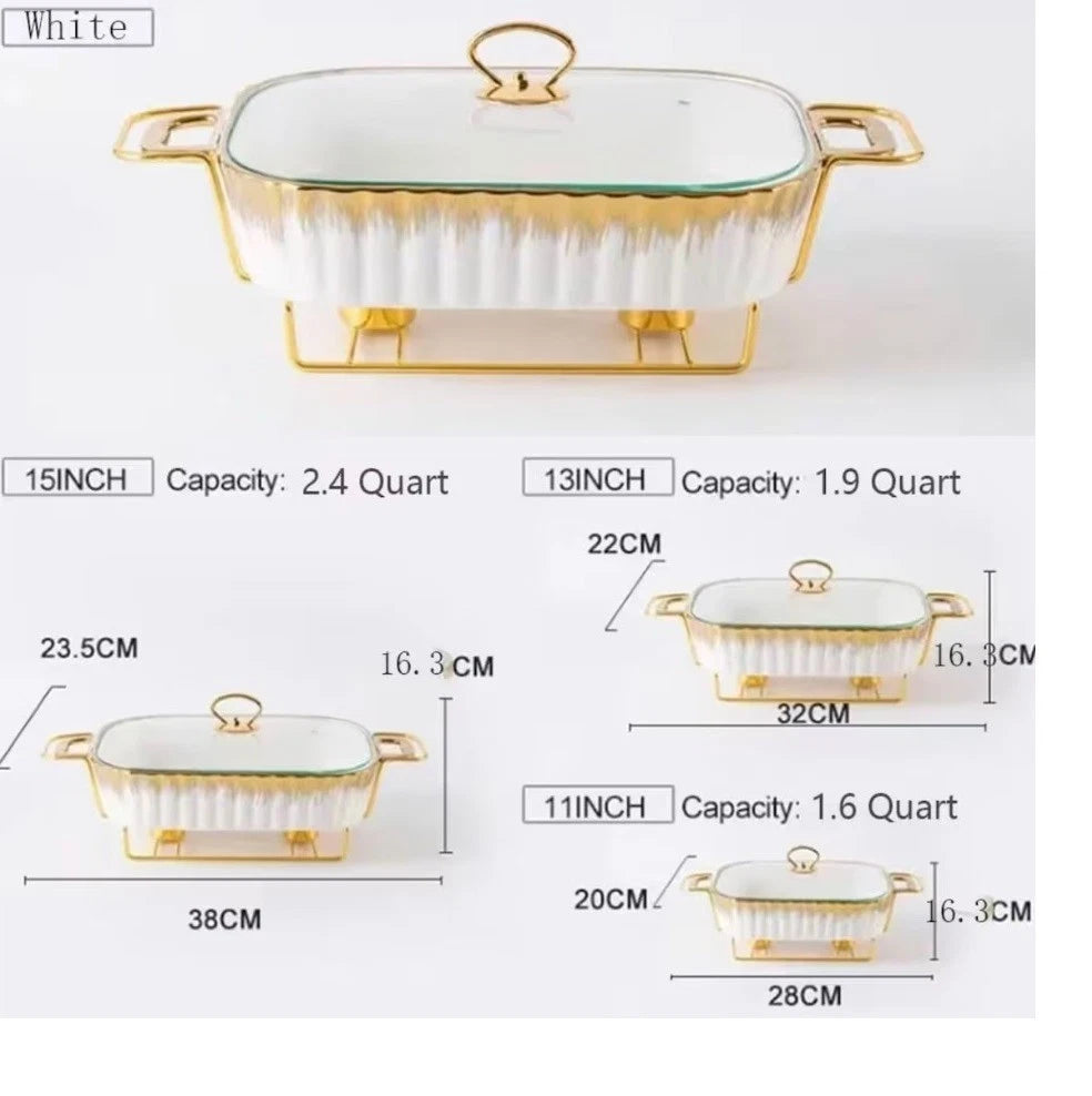 3 pcs Luxury Porcelain Marble Ceramic Casserole Chafing Dish Food Warmer Stand