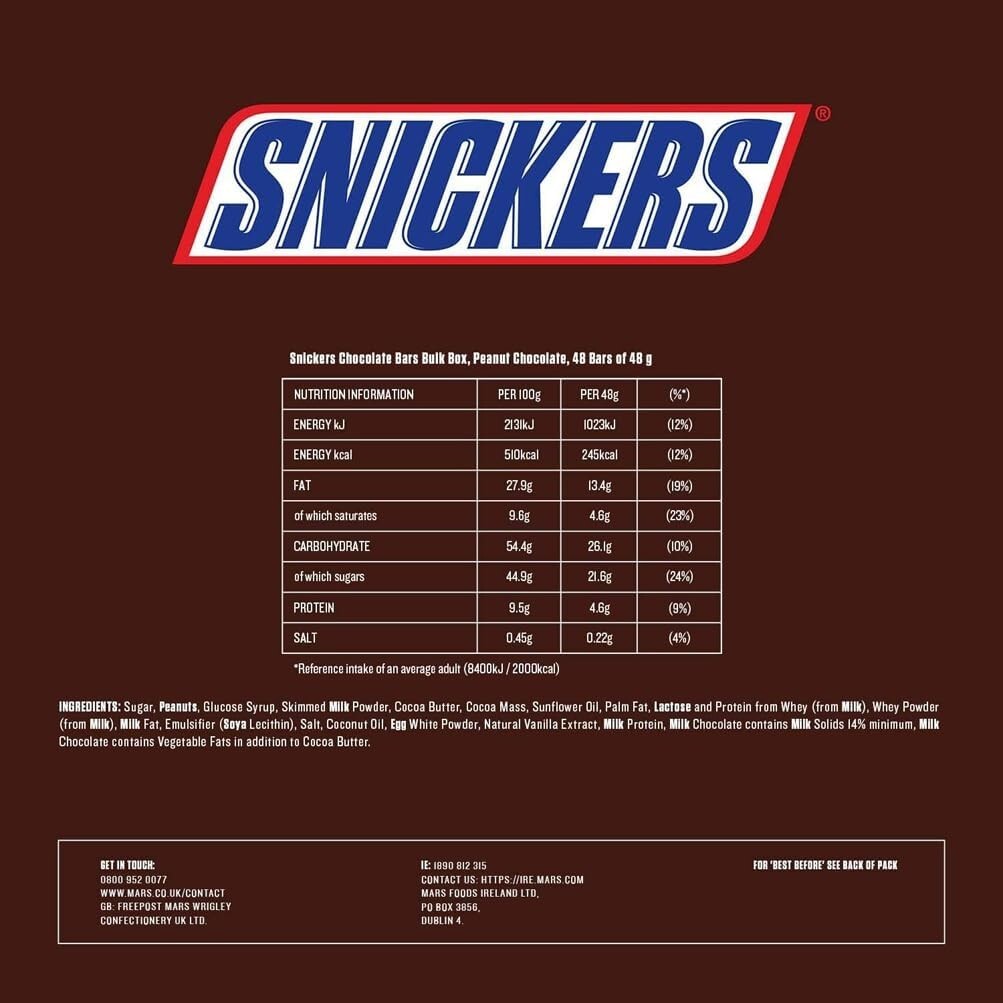 Snickers Chocolate Bars, 48g - 48 Units 100 Cocoa